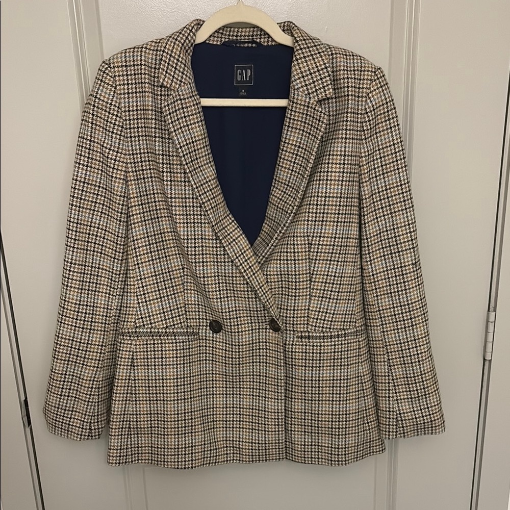 GAP Tan Black Blue Houndstooth Double Breasted Blazer Size 8